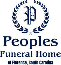 Logo for Peoples Funeral Home of Florence, South Carolina, featuring a letter "P" inside a laurel wreath in dark blue.