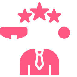 Pink icon of a person with stars above their head, suggesting achievement or a high rating.