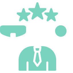 Person wearing a tie, with three stars above their head, and a speech bubble and a circle on either side.