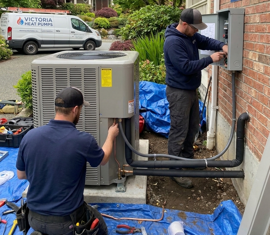 Two technicians install an outdoor HVAC unit beside a brick house, with tools and blue tarp on the ground.