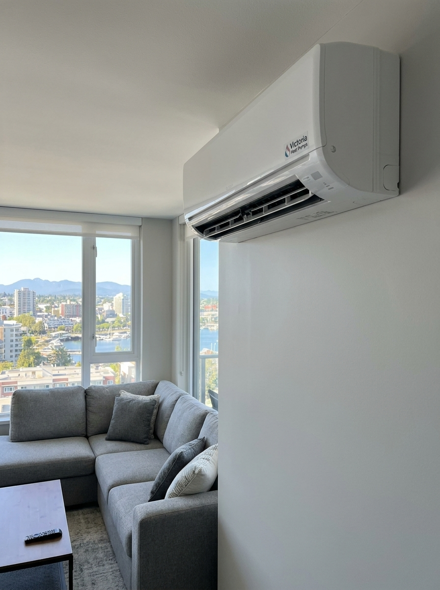 Modern living room with gray sectional sofa and wall-mounted air conditioner by large windows