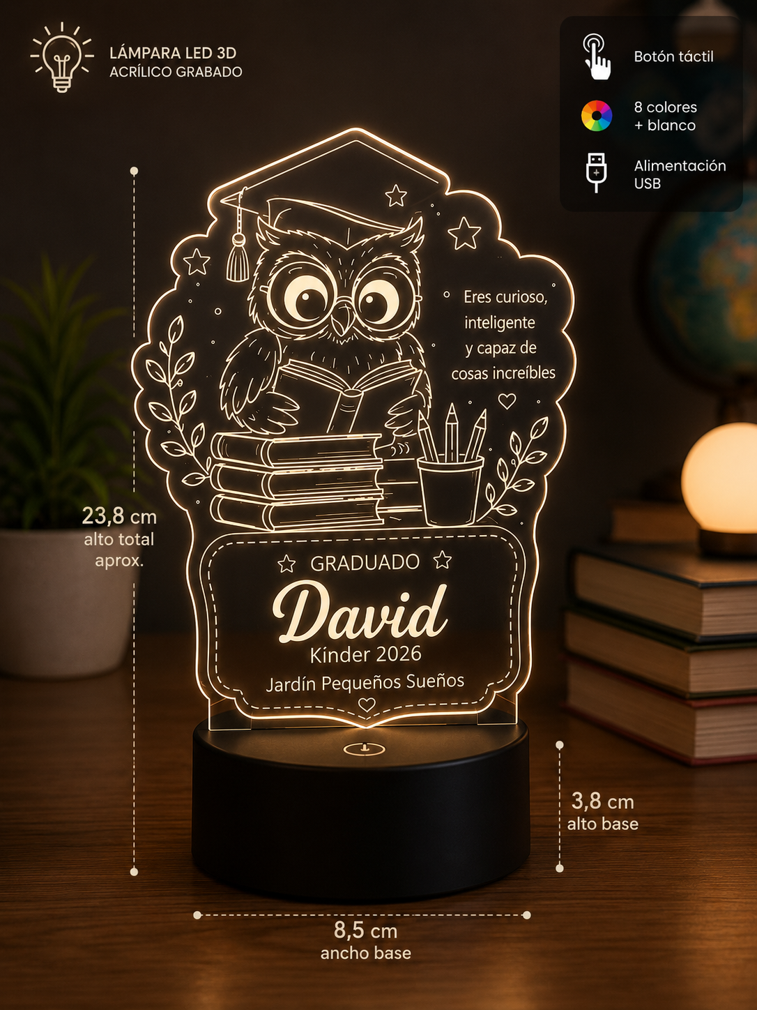 Lampara de buho graduado con libros.
