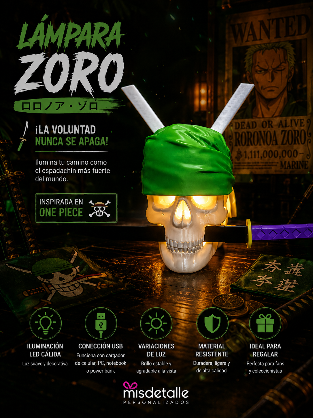 ?‍☠️ Lámpara 3D Calavera de Zoro – One Piece