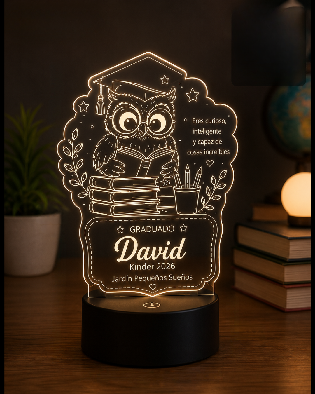 Lampara de buho graduado con libros.