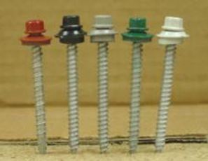 Five roofing screws with colored heads (red, black, gray, green, white) in a row.