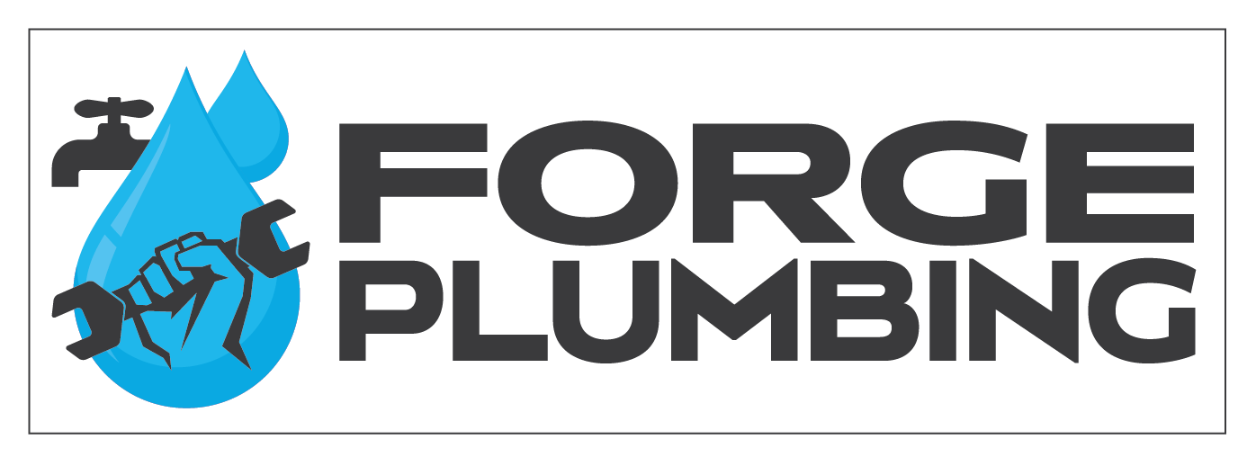A logo for forge plumbing with a water drop and a wrench.