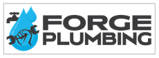A logo for forge plumbing with a water drop and a wrench.