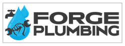 A logo for forge plumbing with a water drop and a wrench.