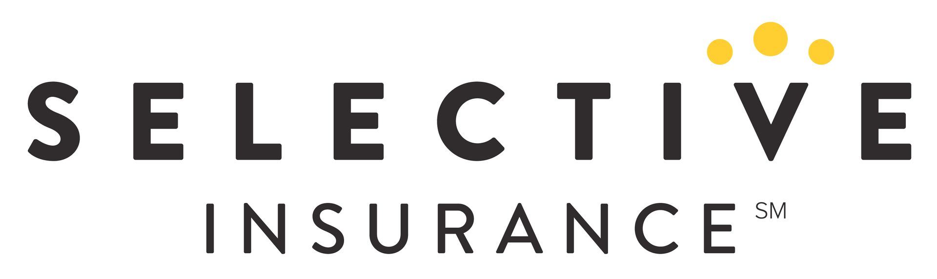Selective Insurance logo with gray text and three yellow dots above the wordmark