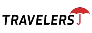 Travelers logo in black text with a red umbrella over the “J”