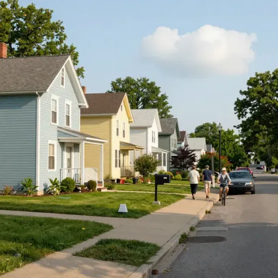 Suburban street with pastel houses, a sidewalk, parked cars, and people walking on a sunny day