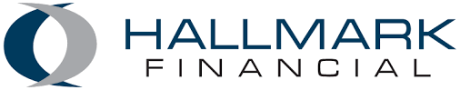 Hallmark Financial logo with blue-gray circular emblem and dark blue text on white background