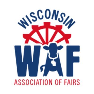 Wisconsin Association of Fairs logo with blue WAF letters, red ferris wheel, and cow silhouette