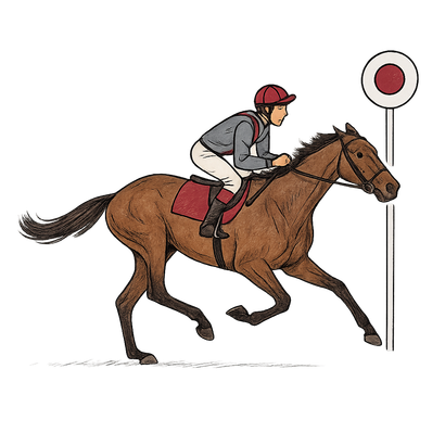A jockey rides a brown horse in a race, approaching a finishing line.