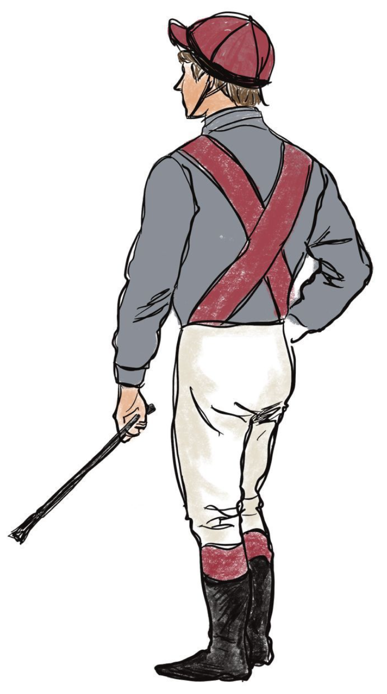 Jockey from behind, wearing gray shirt, white breeches, red cap and cross-straps, holding a whip.