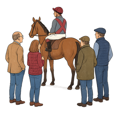 Jockey atop a brown horse, surrounded by a group of people in casual attire, likely before a race.