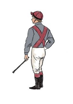 Jockey in grey top, white pants, and red cap, black boots, holding a whip.