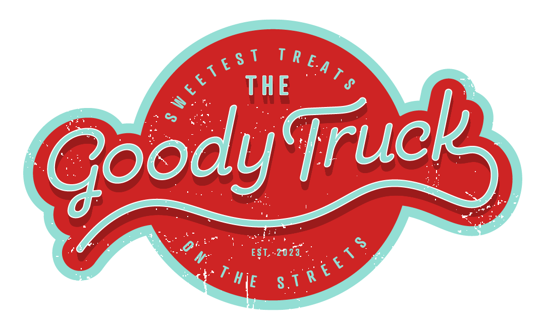 Red logo reading “The Goody Truck” with a turquoise outline and “The sweetest treats” around it.