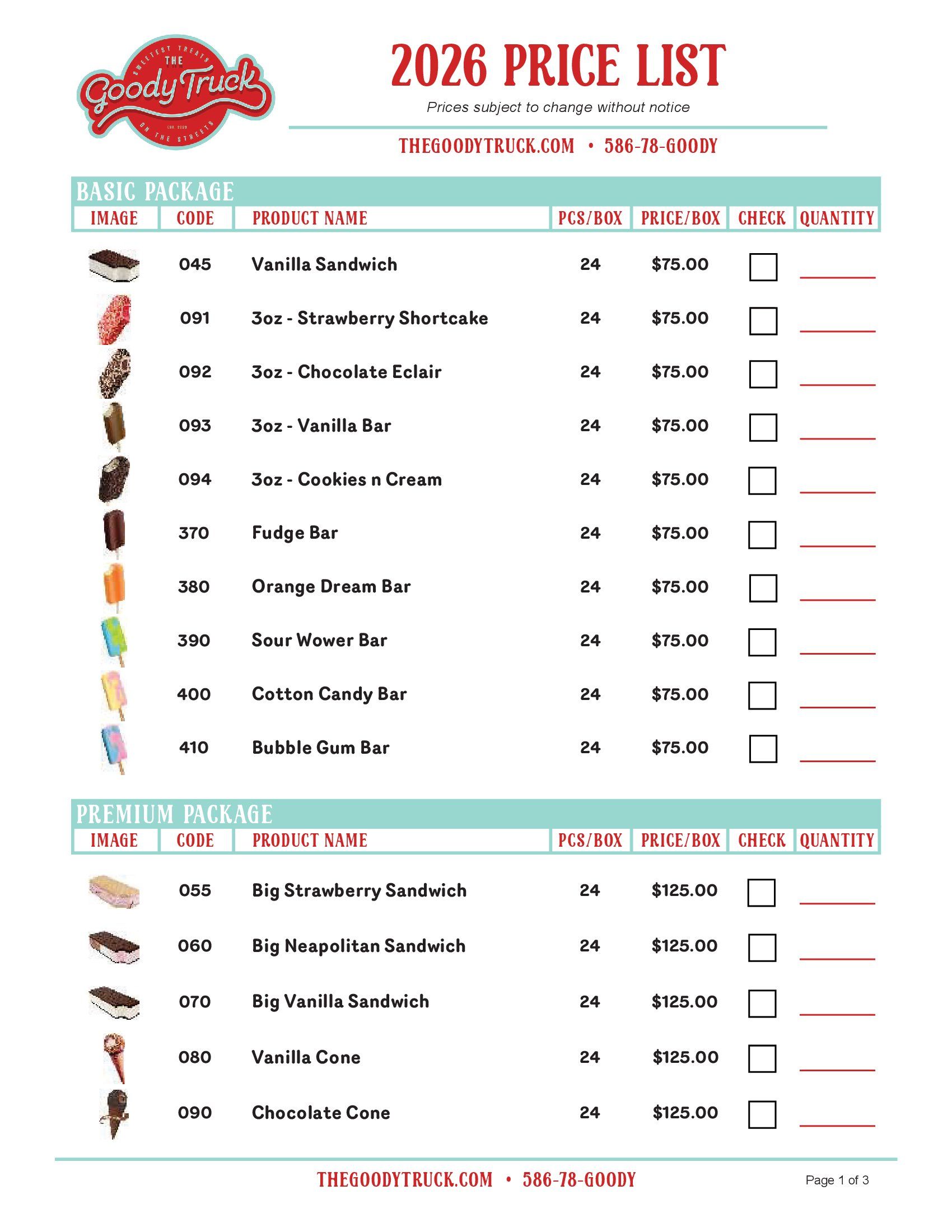2026 price list poster with red header and product menu items in a table layout
