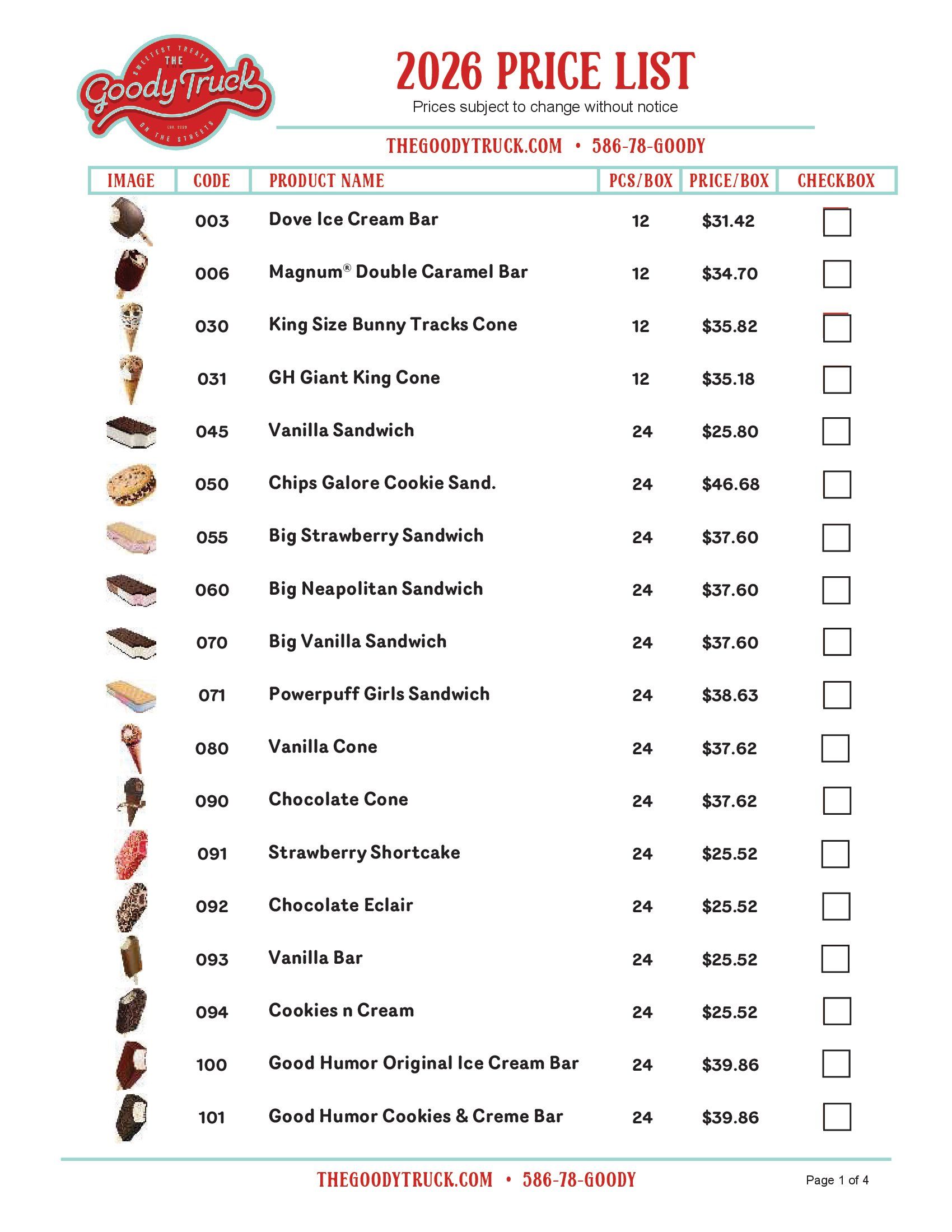 2026 price list table with small item photos, item names, codes, and prices in rows