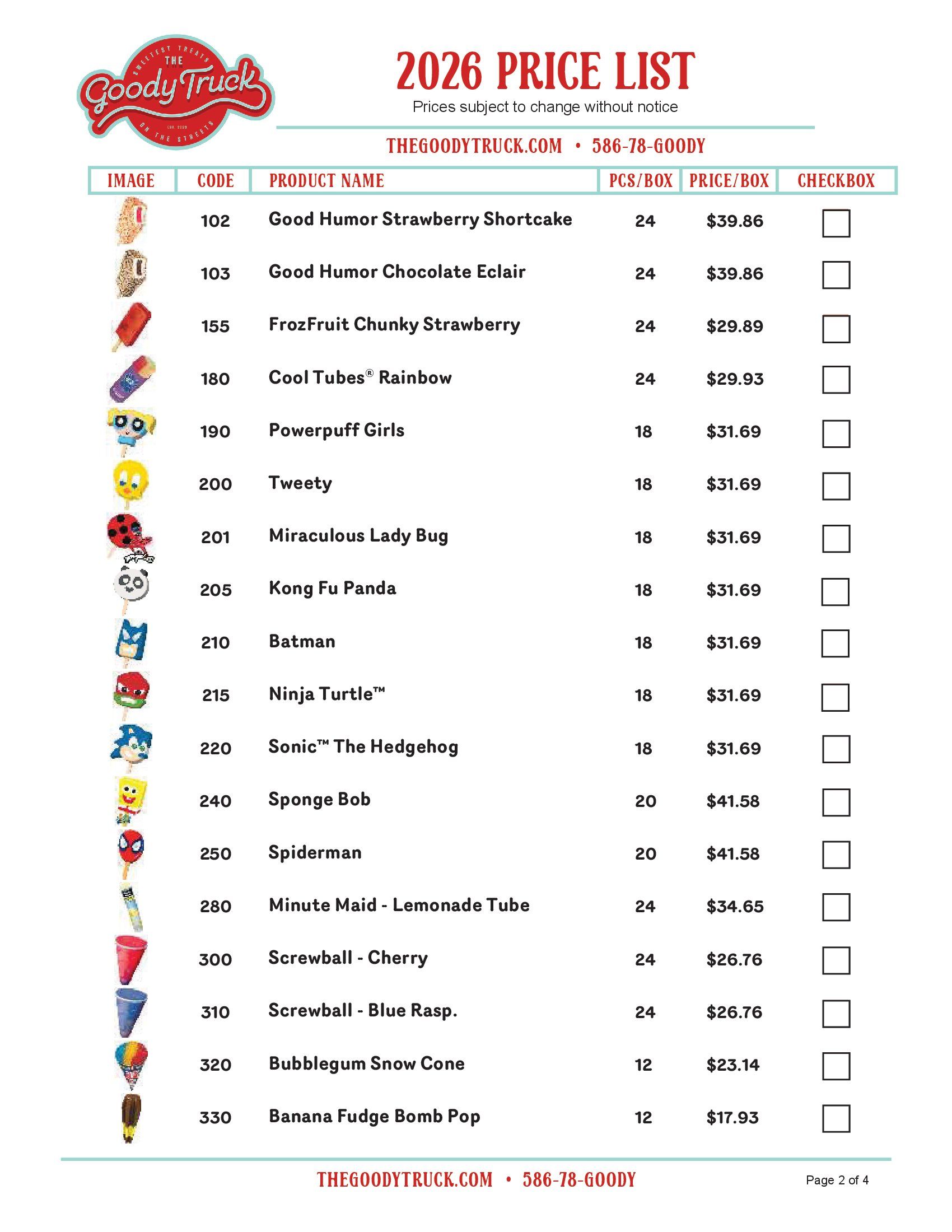 2026 price list poster with colorful item icons and a table of products, prices, and codes