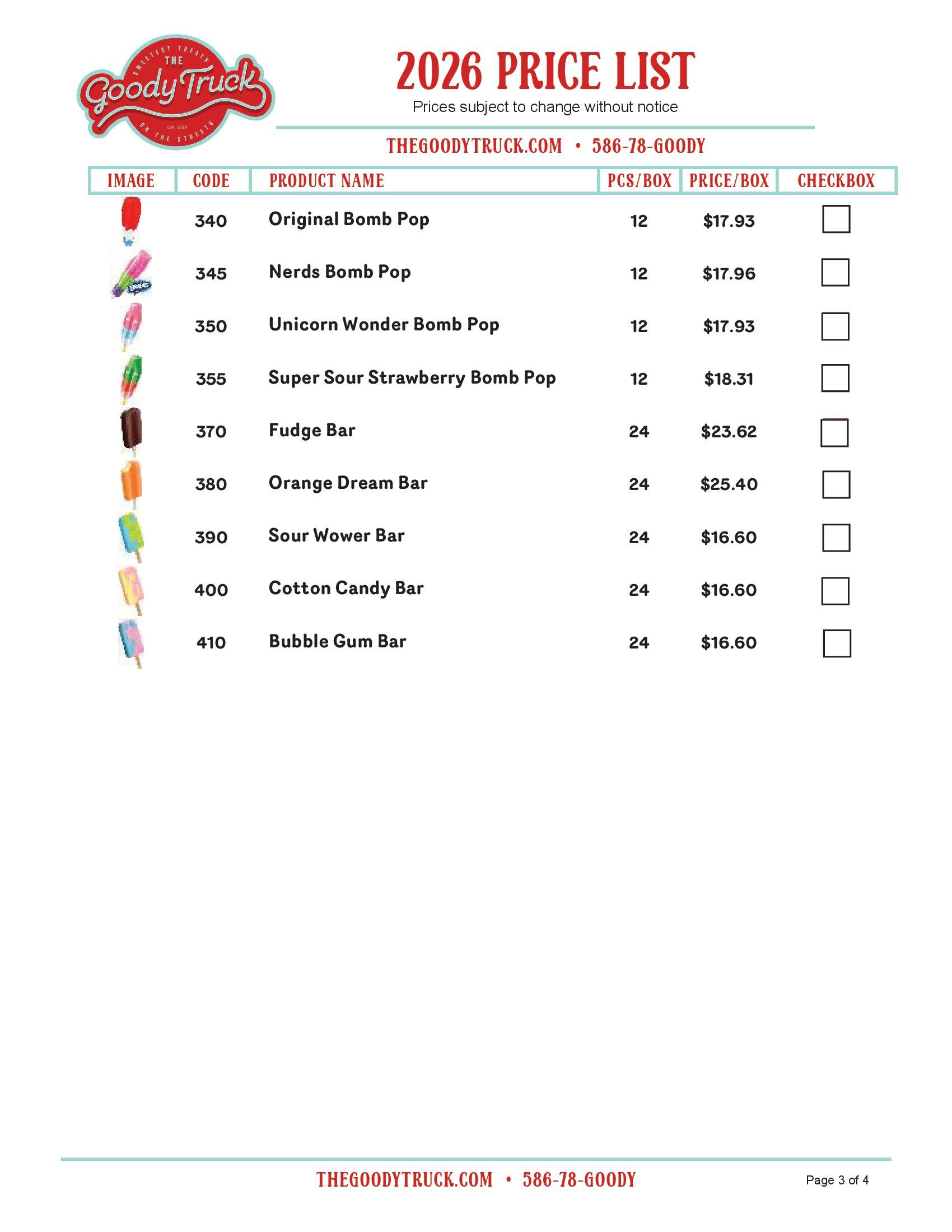 2026 price list sheet with red header and a table of colorful products, prices, and small item icons