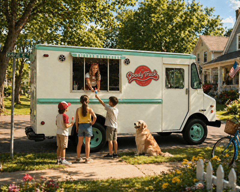 The Goody Truck logo and contact info on a white Ice Cream truck serving people and a dog outdoors.