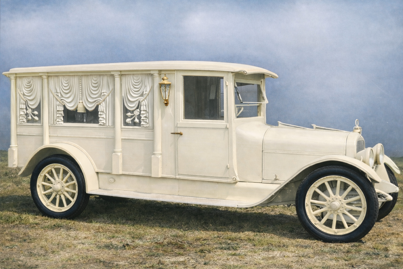 White vintage funeral hearse car on grass under a cloudy sky.