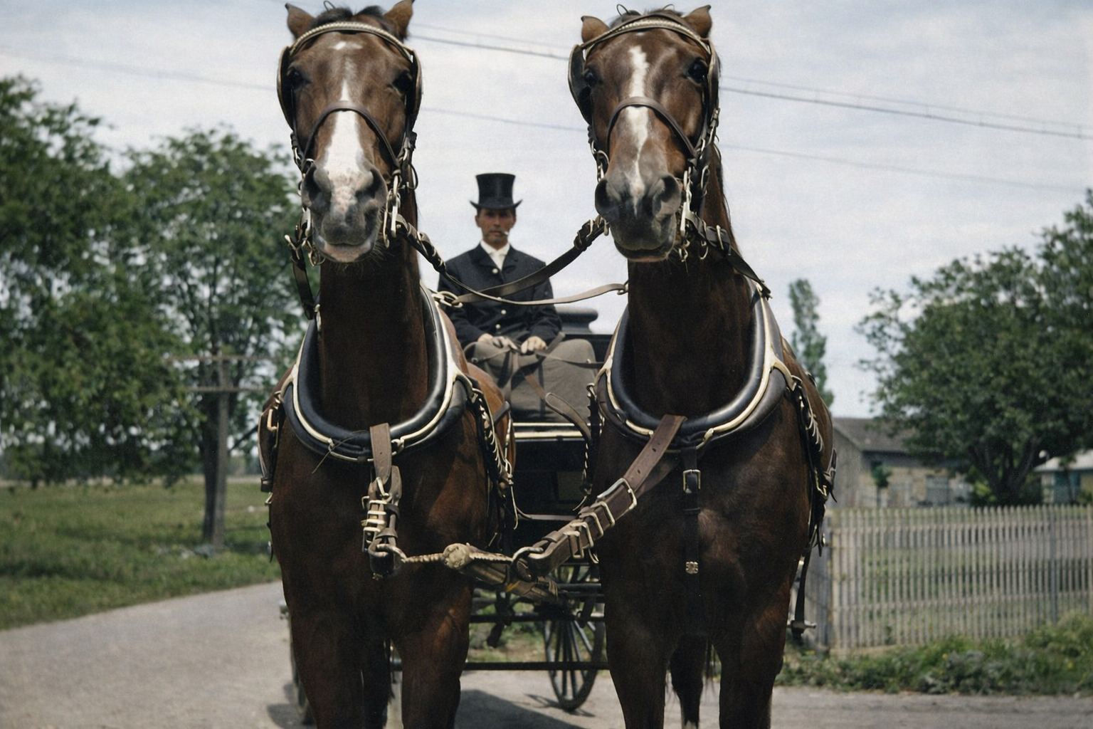 Two large brown horses pulling a carriage with a driver in a top hat on a rural road