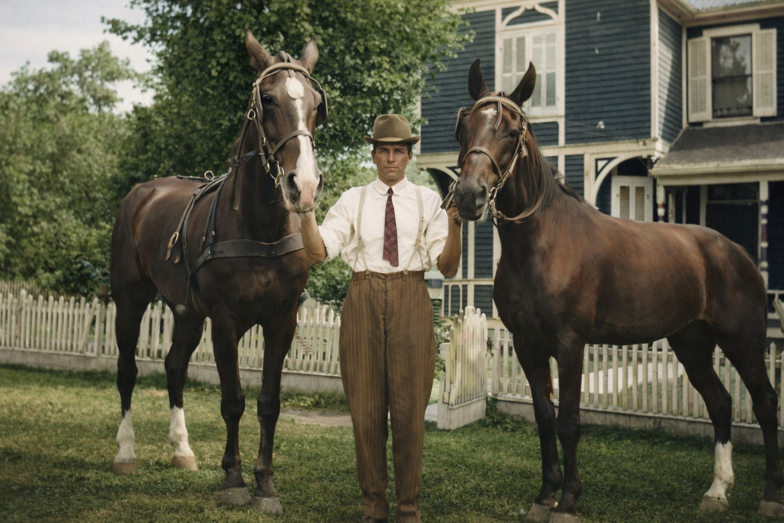 Man standing between two horses in front of a house and white fence.
