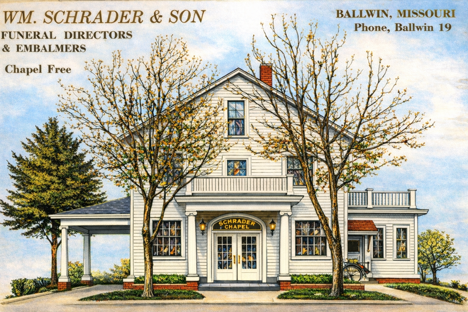 Illustrated white Victorian funeral home with porch and trees, labeled Wm. Schrader & Son, Ballwin, Missouri.