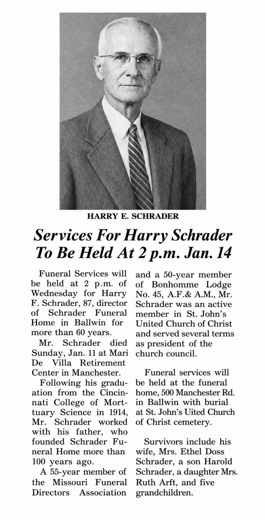 Black-and-white memorial program featuring a portrait and text for Harry Schroder, June 14 service