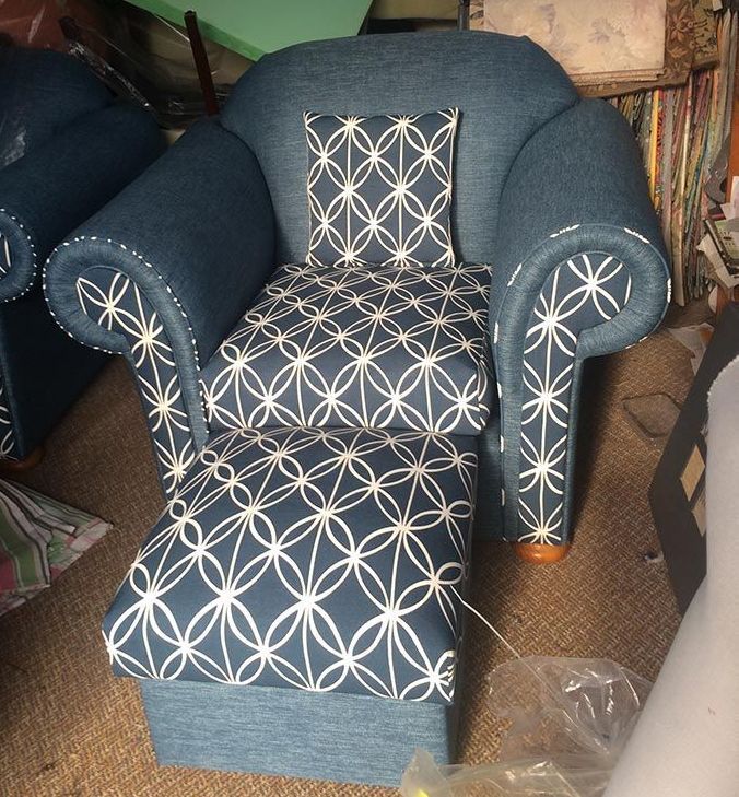 A Blue Chair With a White Pattern on It — Paulie's Upholstery in Edmonton, QLD