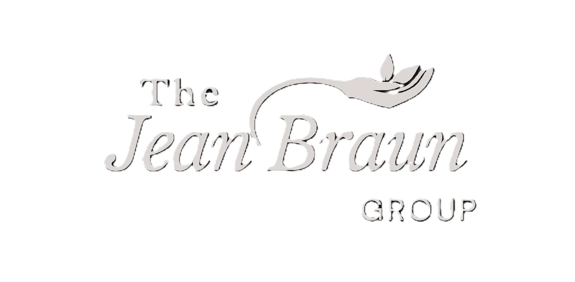 Logo for The Jean Braun Group, featuring stylized text and an icon of a hand holding a small leaf.