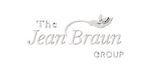 Logo for The Jean Braun Group, featuring stylized text and an icon of a hand holding a small leaf.