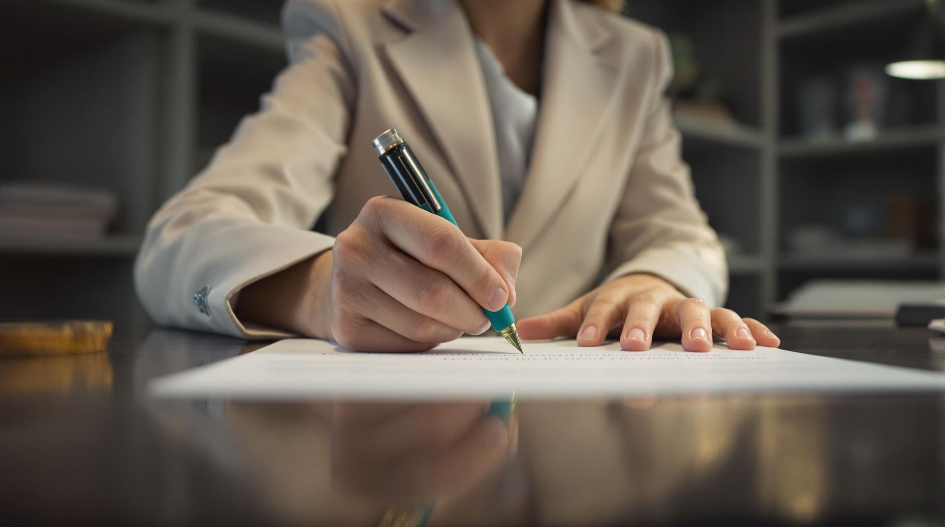 Close-up of a person in a beige blazer writing on a white document at a dark wooden table in a dimly lit office.