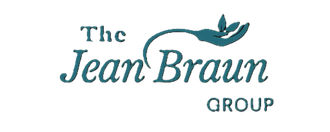 The logo for The Jean Braun Group features teal text with an icon of a hand holding two small leaves above the text.