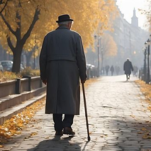 An individual in a long coat and hat walks along a cobblestone sidewalk lined with trees and streetlamps in autumn.