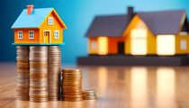 A small model house sits atop stacks of coins, with a larger, out-of-focus house model in the background.