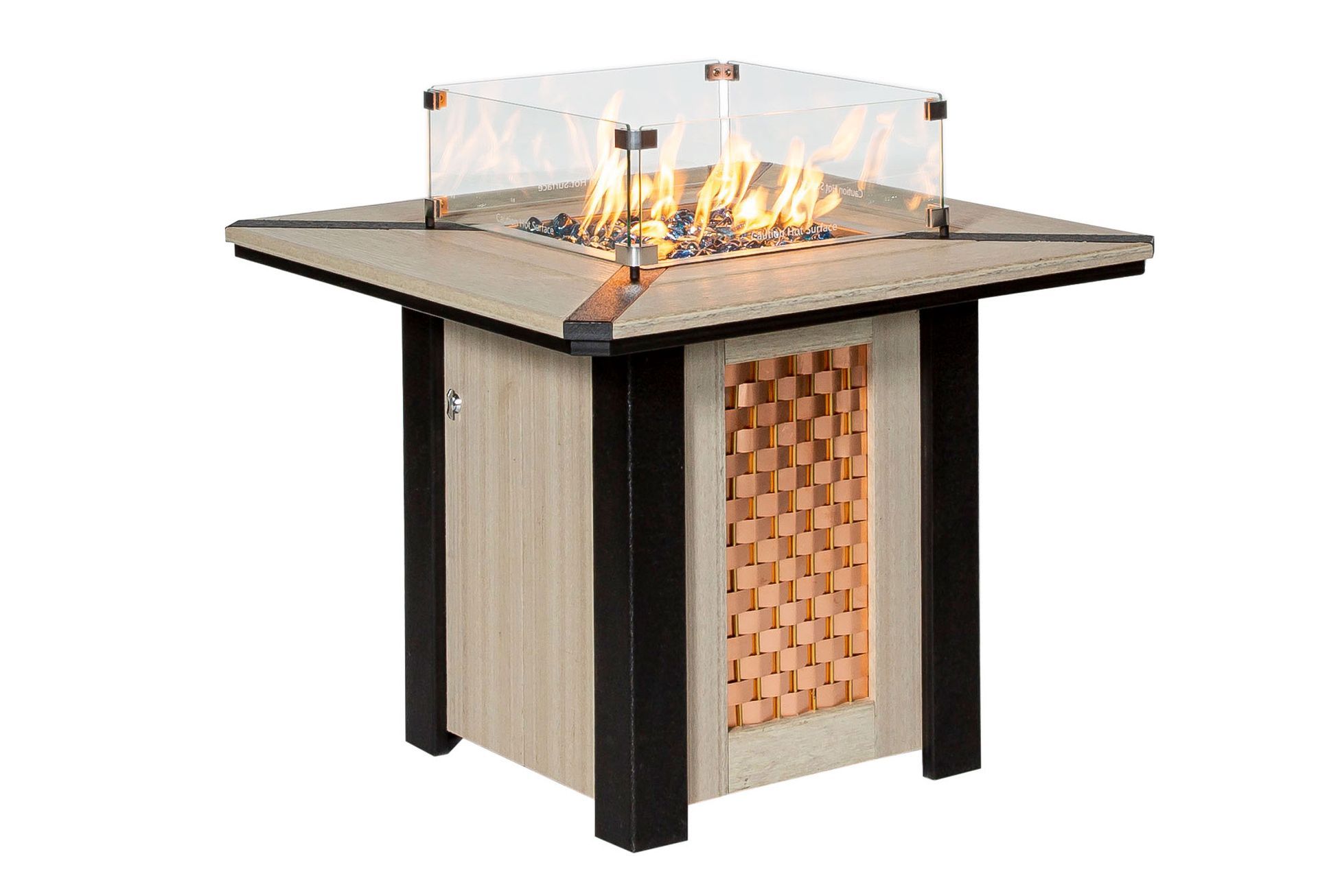 What size weathervane is best for my cupola? Square outdoor fire pit with flames, glass wind guard, and decorative copper-colored panel.