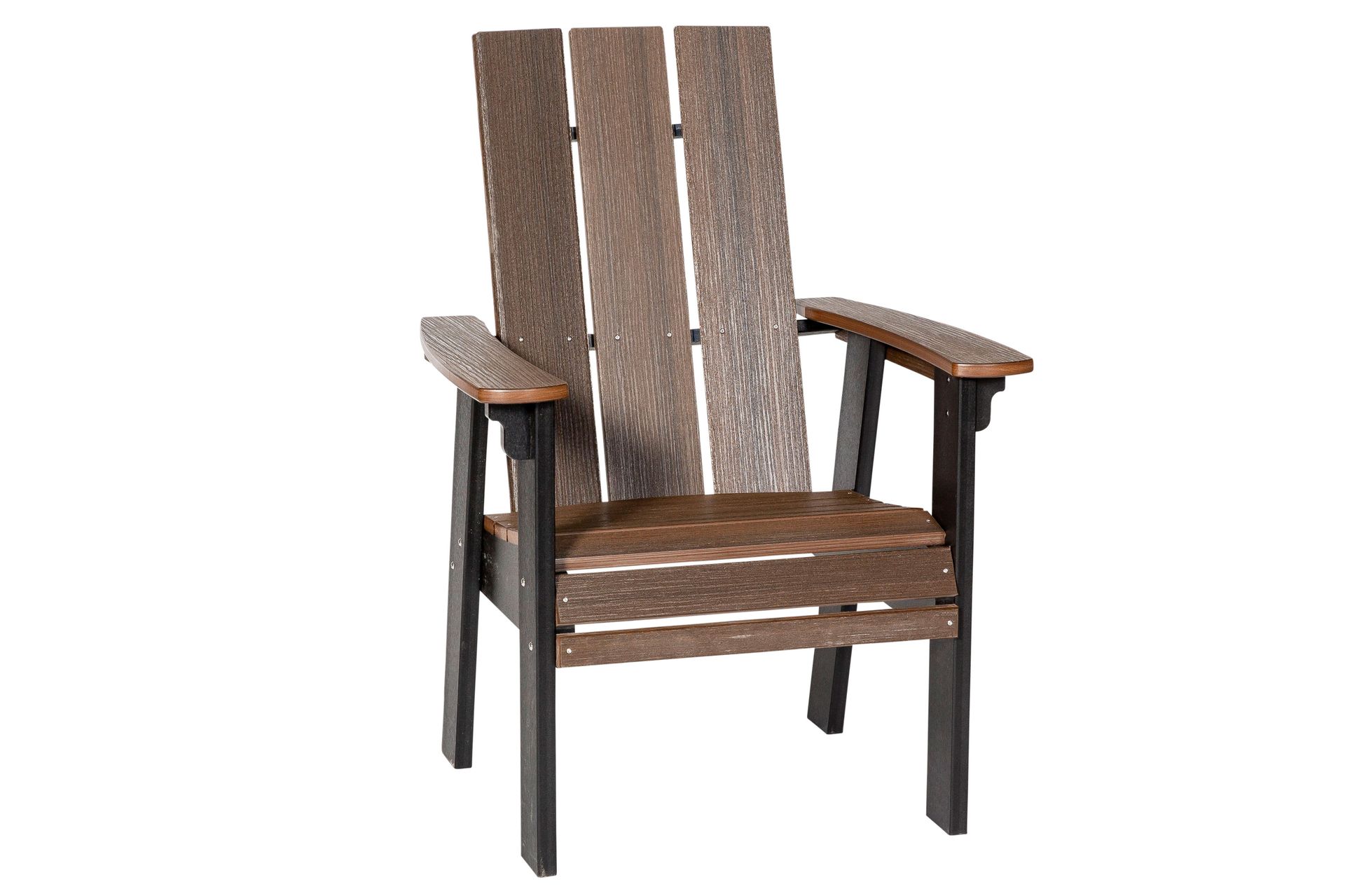A wooden chair with a black frame on a white background.