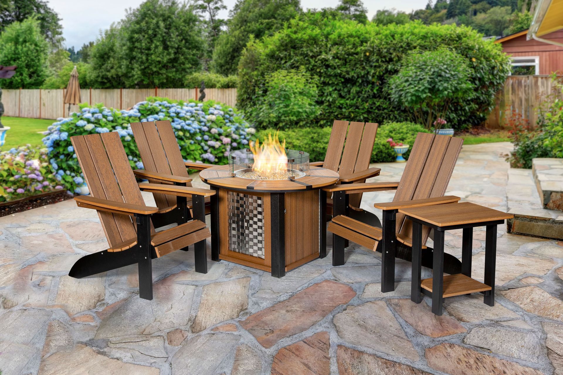 A group of chairs are sitting around a fire pit on a patio.