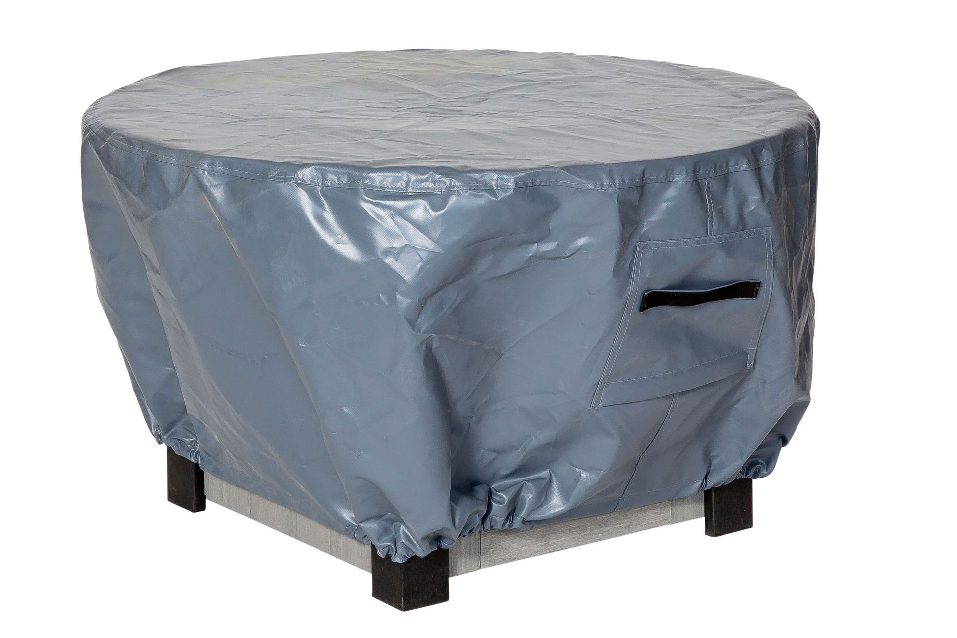 A round table with a blue cover on it.