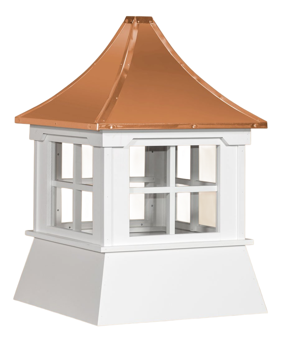 White, square, windowed cupola cap with copper roof.
