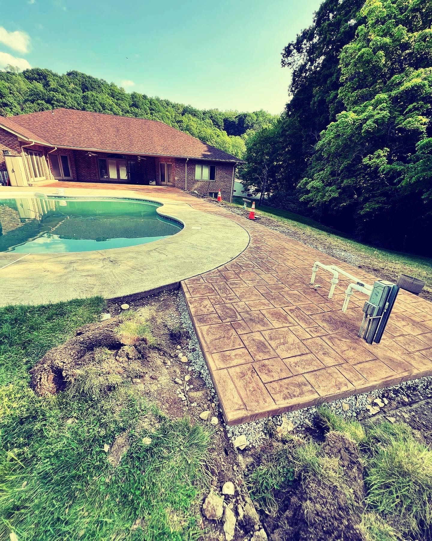 A house with a swimming pool in the backyard surrounded by trees.