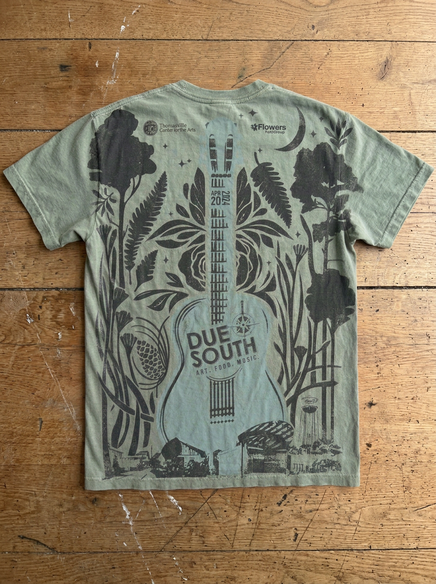 Gray graphic T-shirt with a dark botanical print and “Dut South” text on a wooden floor.