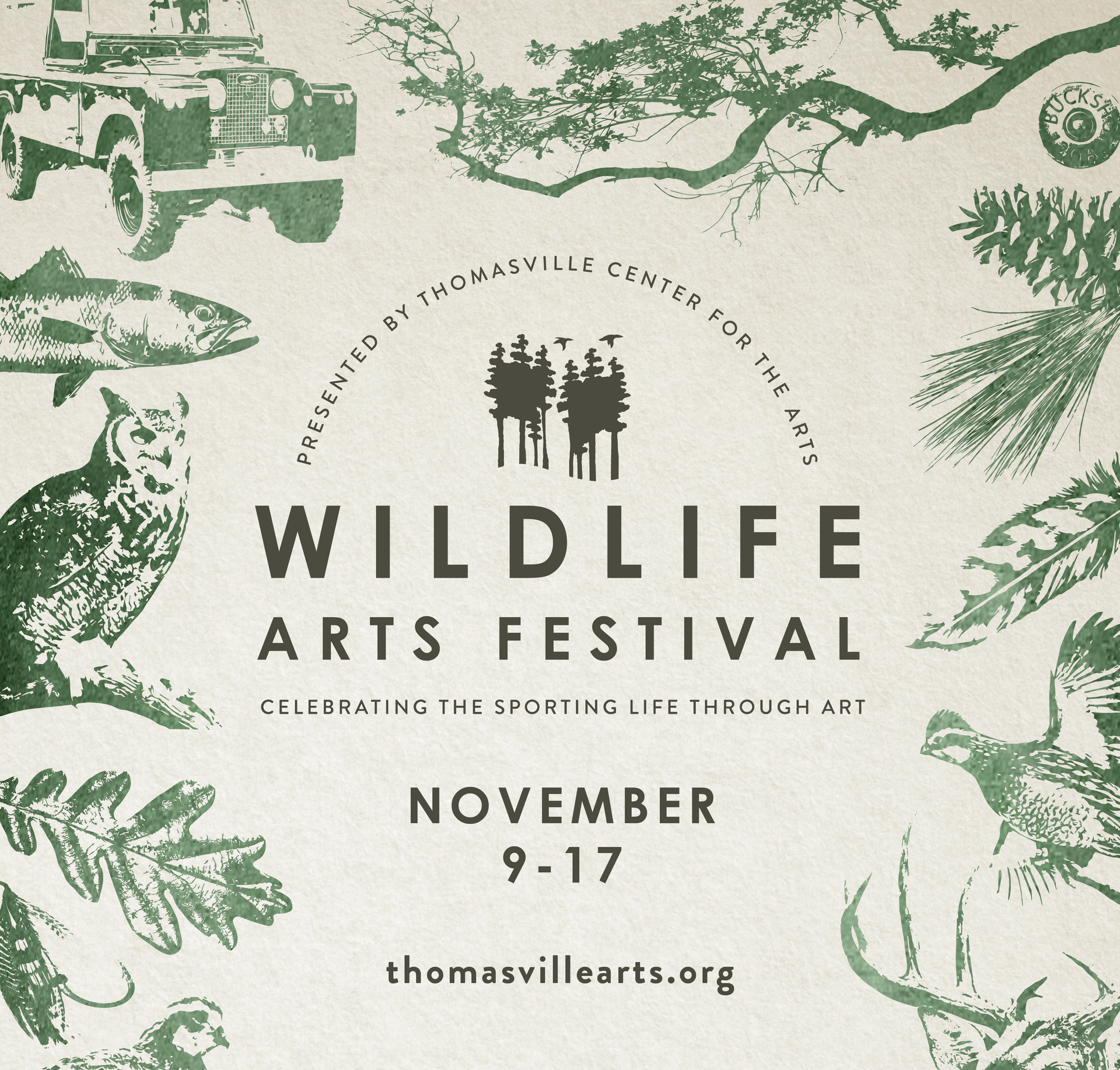Wildlife Arts Festival poster with foliage illustrations, November 9–17, Thomasville, Georgia, and website URL