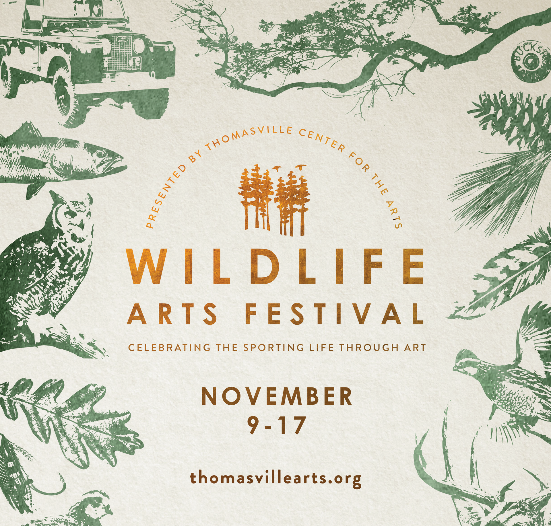 Wildlife Arts Festival poster in green and orange with leaves, animal sketches, November 9–17, thomasvillearts.org