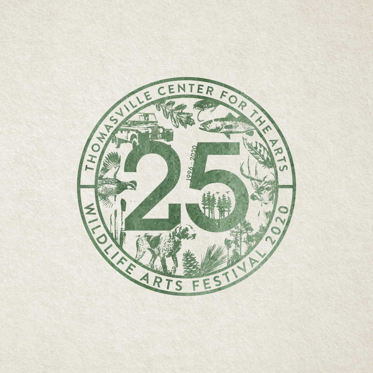 Green circular stamp logo for Thomasville Center for the Arts Wildlife Arts Festival, with “25” in the center.