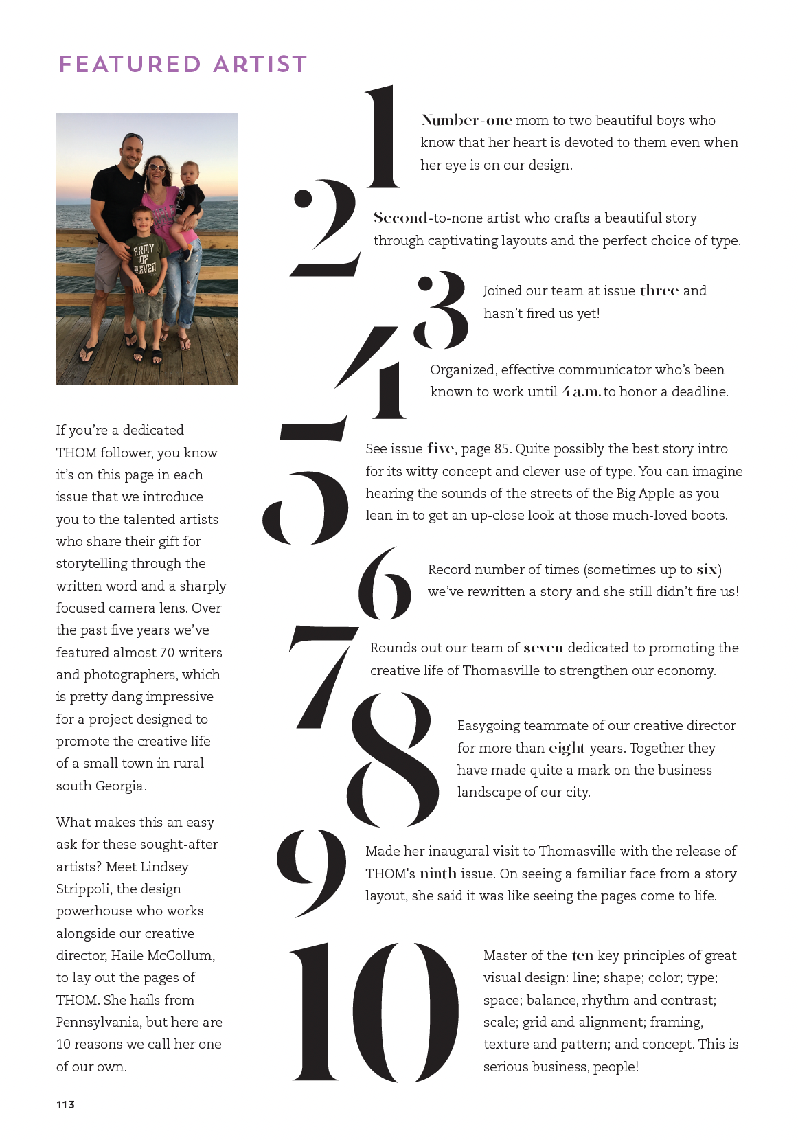 Magazine page with featured artist photo and a numbered list of 10 items in black text.